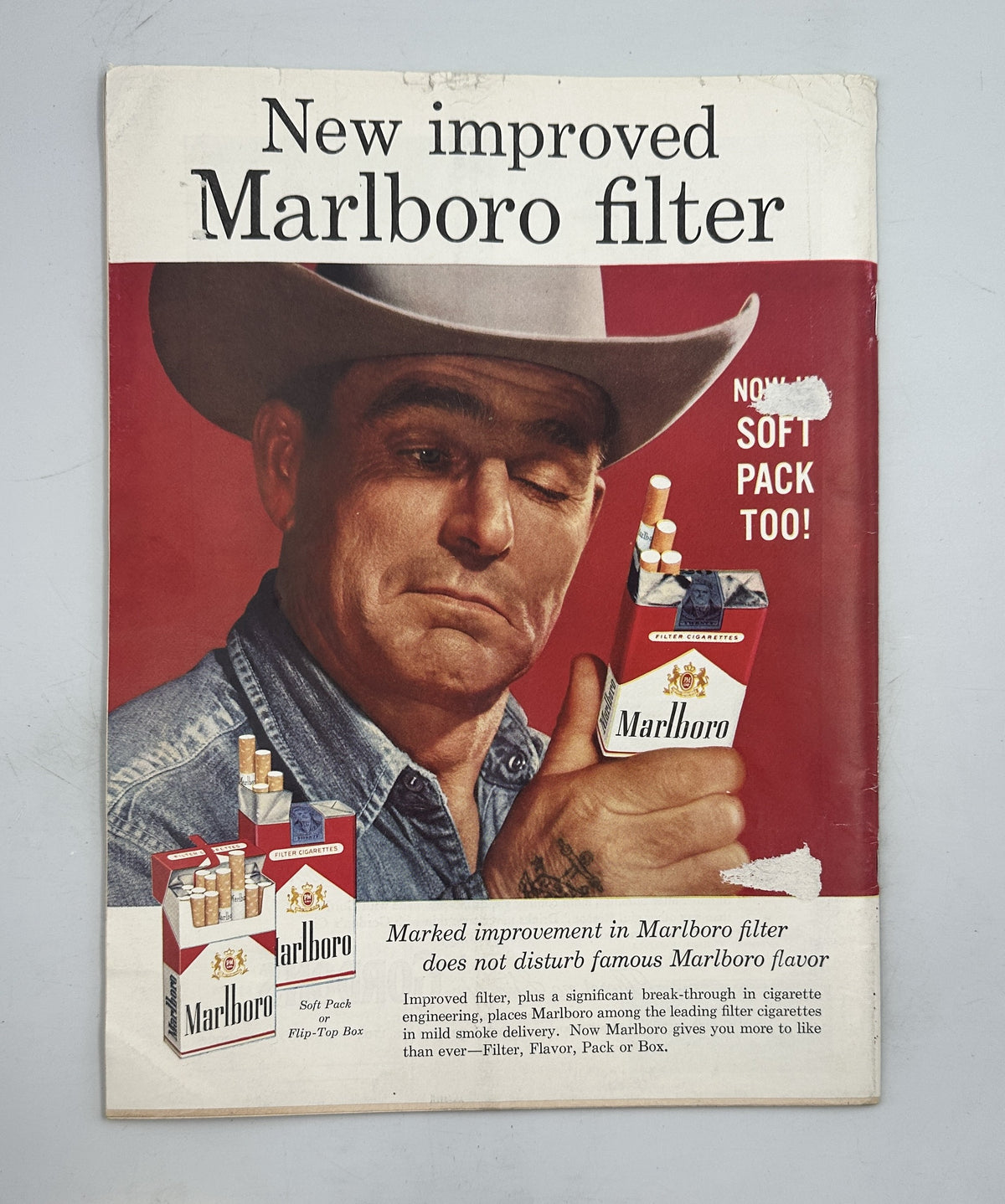 The New Yorker Magazine July 19, 1958 Stained Glass Church Interior Ilonka Karasz, full-page vintage Marlboro advertisement with cowboy, cigarette pack, and improved Marlboro filter slogan