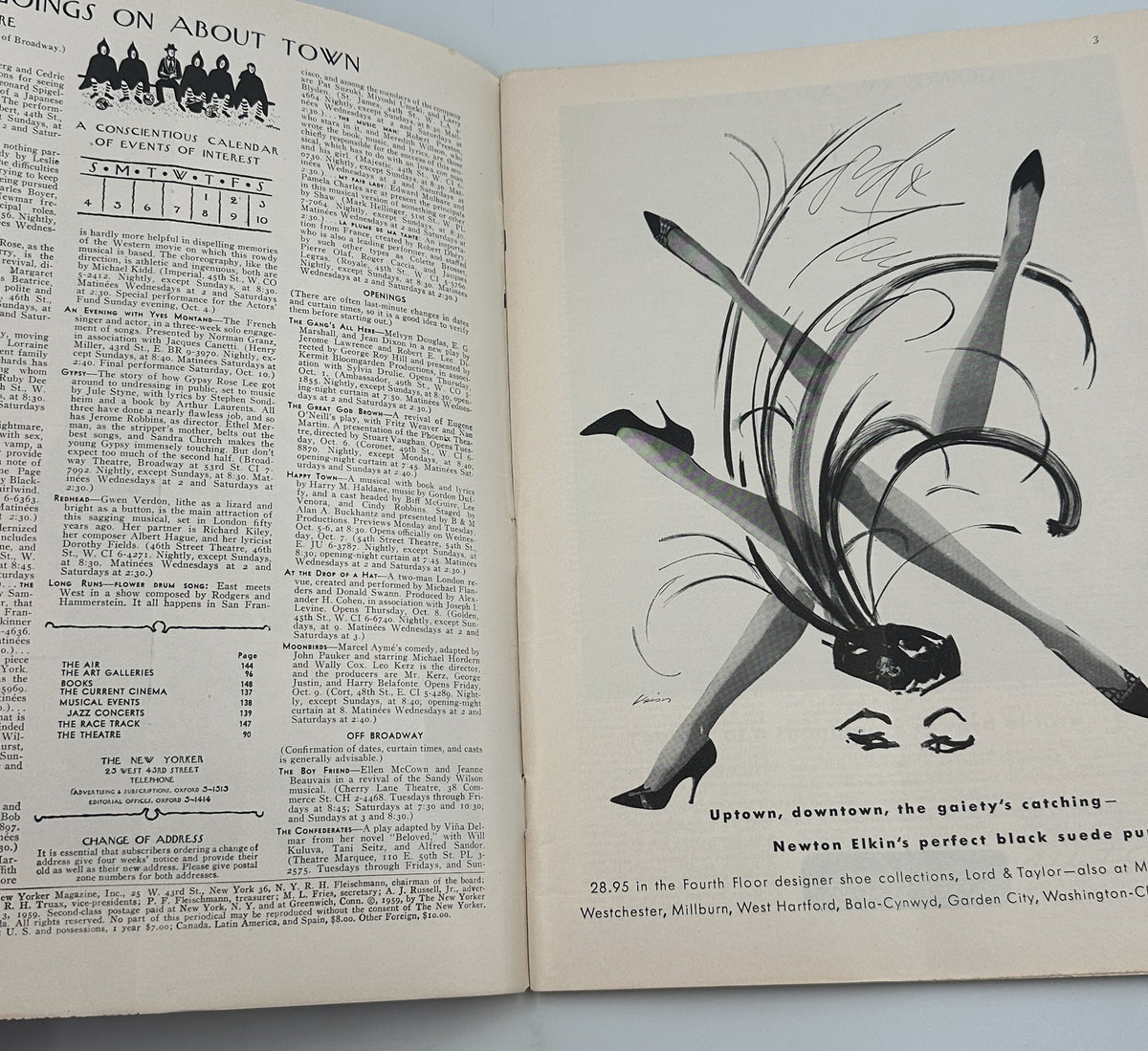 The New Yorker Magazine October 3, 1959 Brooklyn Bridge Night Ludwig Bemelmans Cover, interior spread showing the Going on About Town listings and a vintage illustrated fashion advertisement.