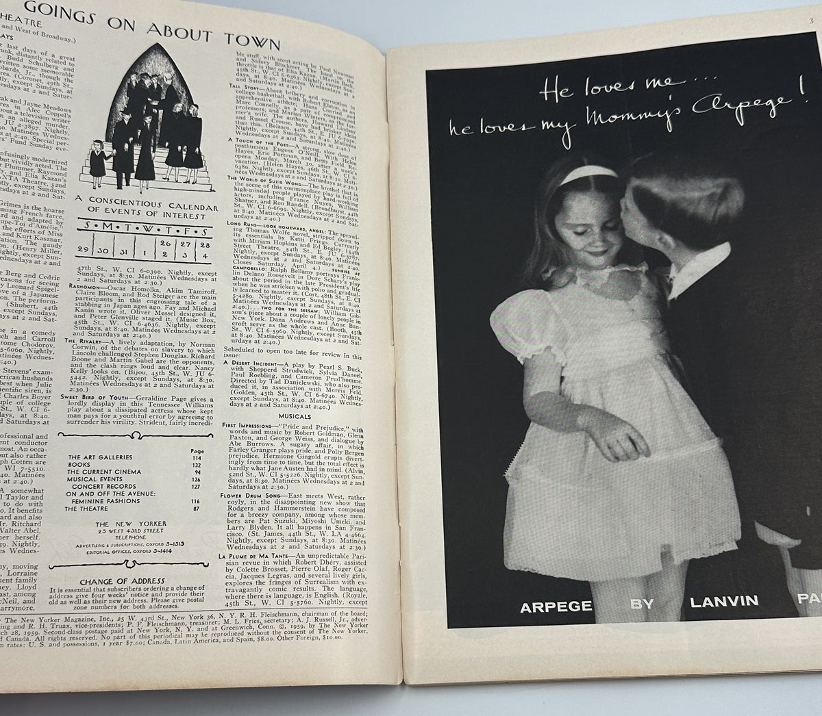The New Yorker Magazine March 28, 1959 Easter Egg Climber Charles Addams Cover interior pages showing the contents page and a vintage Lanvin Arpège fashion advertisement.