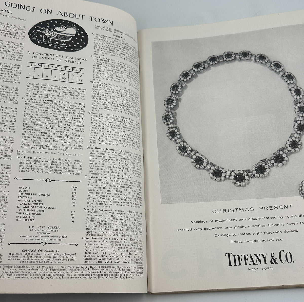 The New Yorker Magazine December 5, 1959 Winter Pigeons Arthur Getz Cover open interior pages featuring a Tiffany & Co. Christmas jewelry advertisement and table of contents.