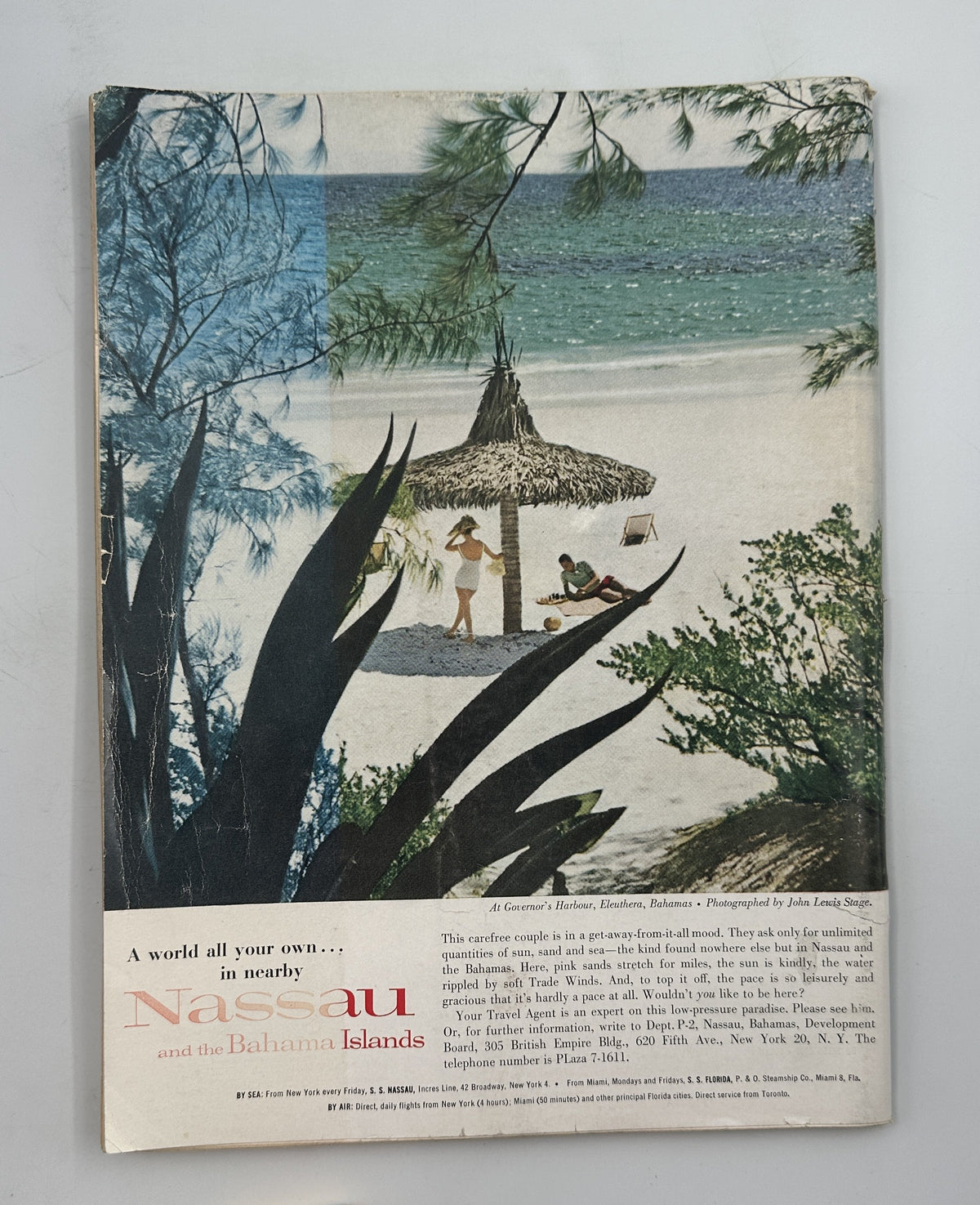 The New Yorker Magazine December 5, 1959 Winter Pigeons Arthur Getz Cover interior advertisement showing a tropical Nassau beach scene with palm trees, beach umbrella, and waterfront.