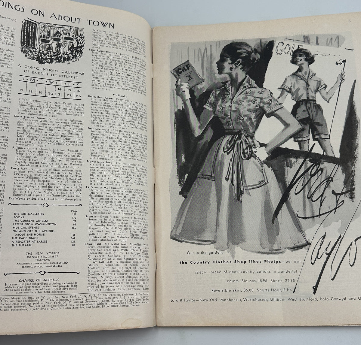 The New Yorker Magazine May 16, 1959 Horse Racing Track Ilonka Karasz Cover interior spread showing a contents page and vintage illustrated fashion advertisement.