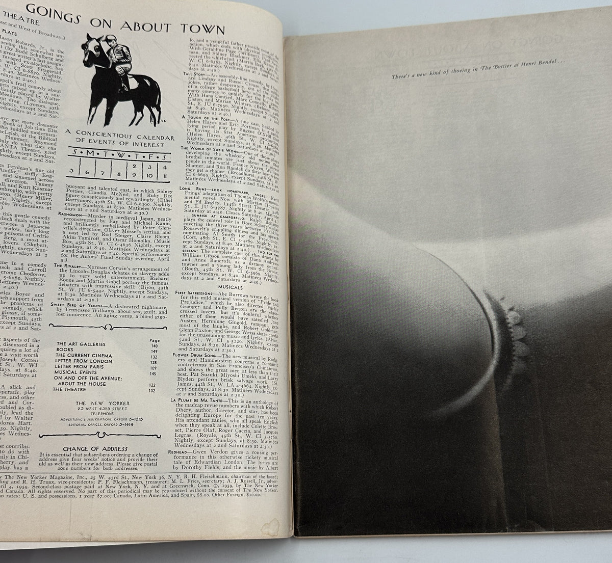 The New Yorker Magazine April 4, 1959 Circus Clowns Abe Birnbaum Cover interior spread showing the Going Ons About Town contents page and black-and-white photograph