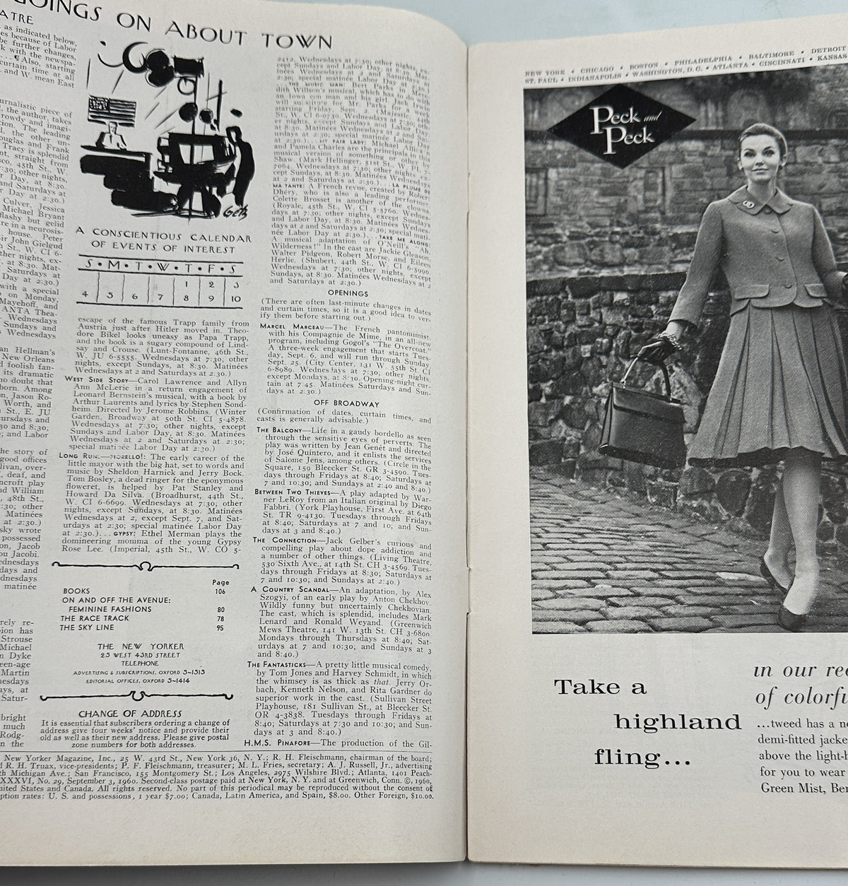 The New Yorker Magazine September 3, 1960 Shaded Boardwalk Beach Donald Higgins interior pages showing the table of contents and a vintage fashion advertisement