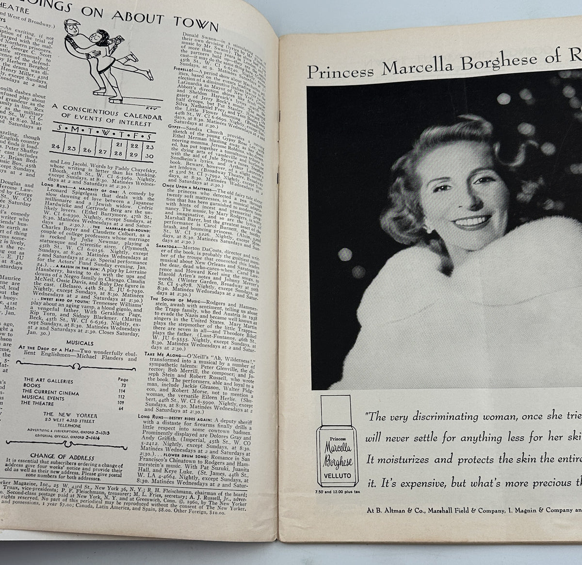 The New Yorker Magazine January 23, 1960 Antique Shop Interior Anatol Kovarsky Cover, open interior pages featuring a black-and-white portrait of Marcella Borghese and magazine articles