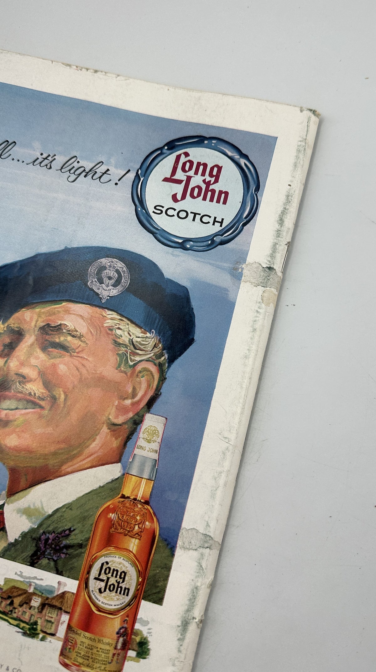 The New Yorker Magazine January 23, 1960 Antique Shop Interior Anatol Kovarsky Cover, close-up of the worn magazine back cover with a vintage Long John Scotch advertisement