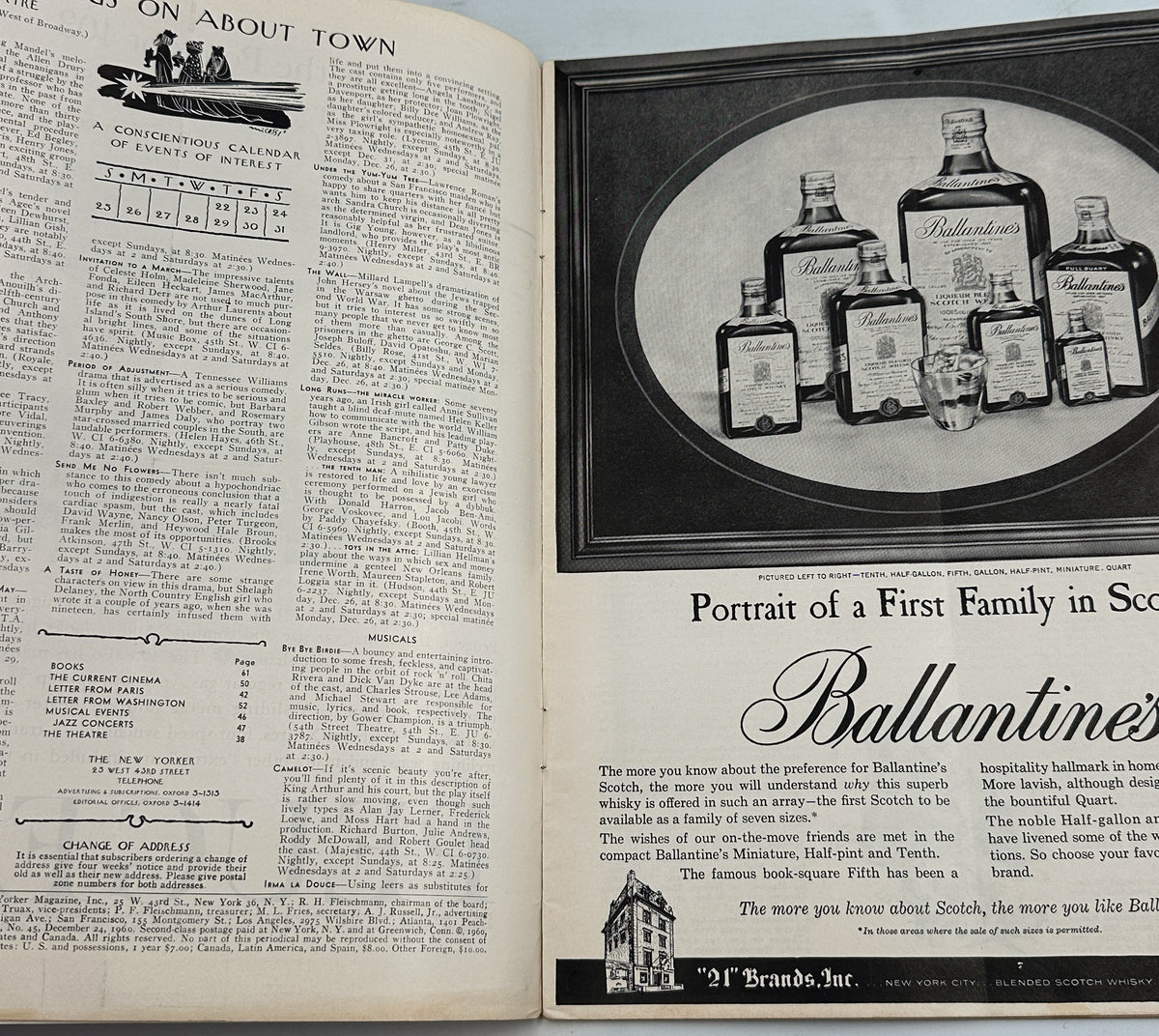 The New Yorker Magazine December 24, 1960 interior pages showing the table of contents and a vintage Ballantine beer advertisement featuring a family of whiskey bottles.