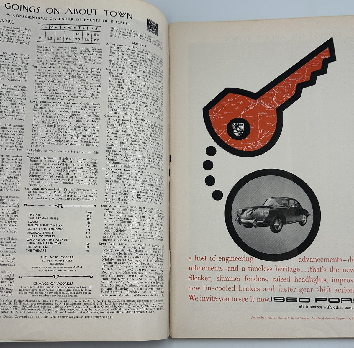 The New Yorker Magazine February 20, 1960 Tilley Butterfly Rea Irvin Cover, opened to a Goings On About Town contents page beside a vintage automotive advertisement.