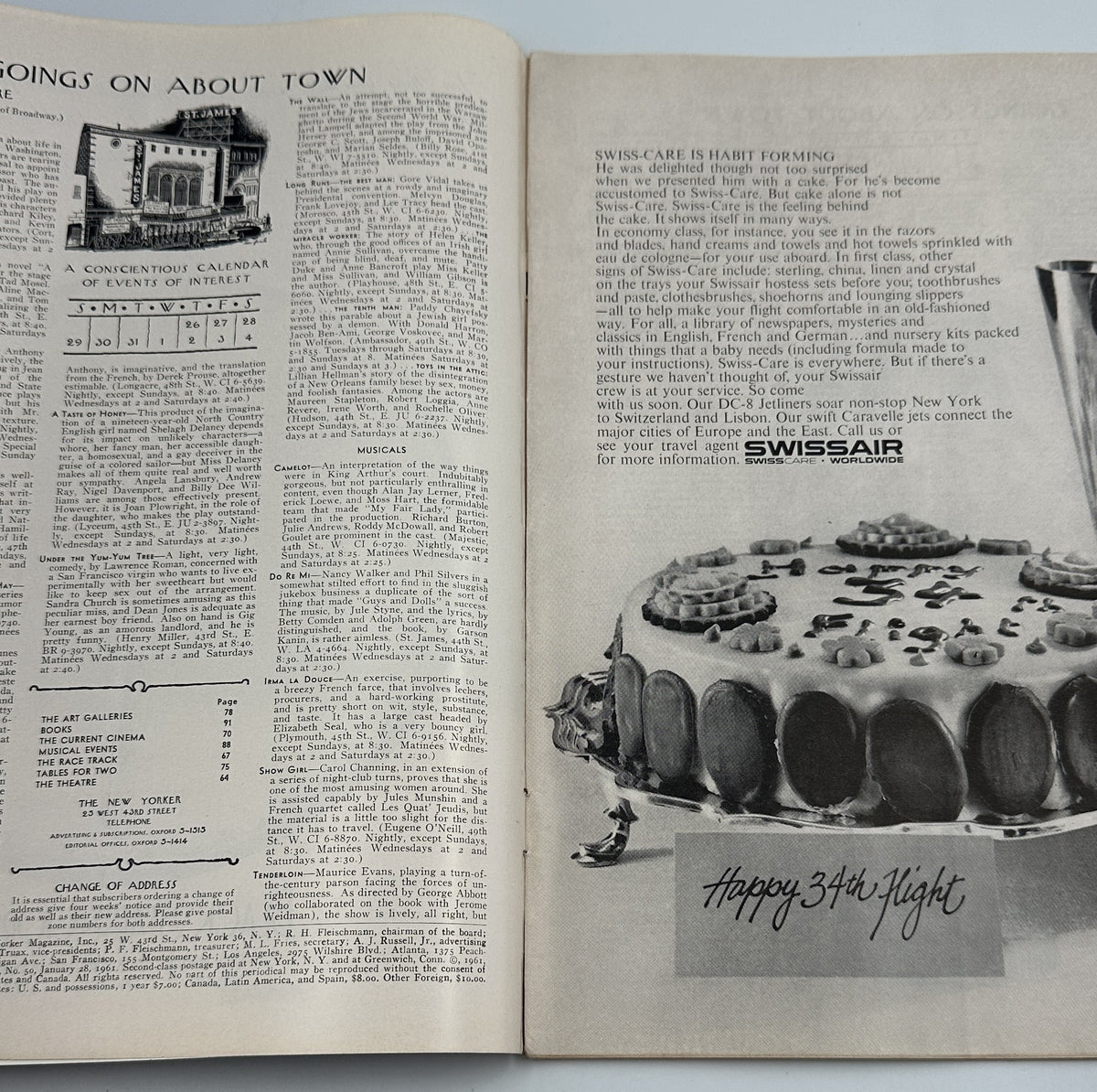 The New Yorker Magazine January 28, 1961 Opera House Interior Saul Steinberg Cover, interior pages showing Going Ons About Town listings, editorial text, and a Swiss skincare advertisement.