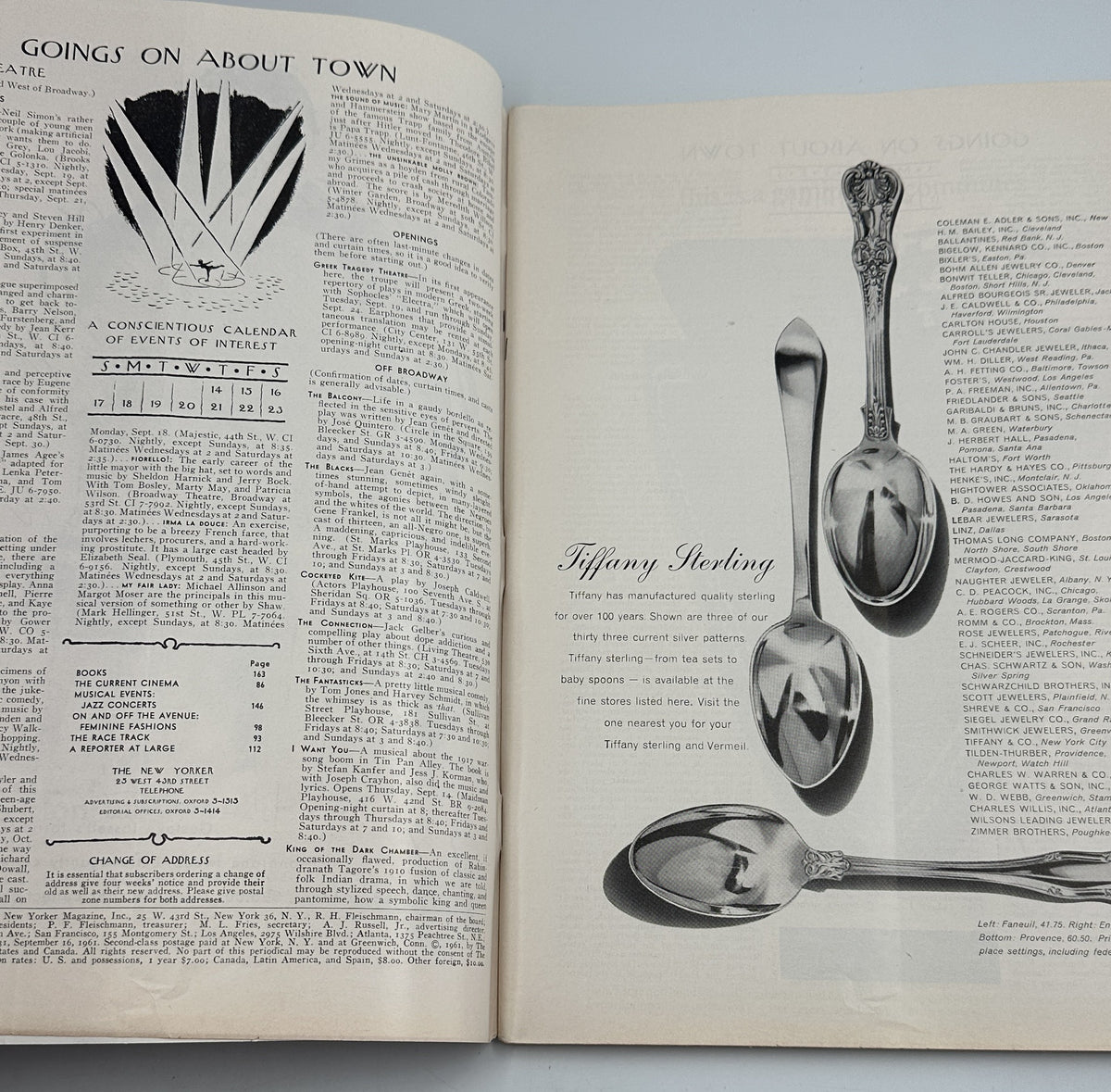 The New Yorker Magazine September 16, 1961 Restaurant Diners Menu Charles D. Saxon, interior pages showing the table of contents and a vintage Tiffany sterling silver spoon advertisement.