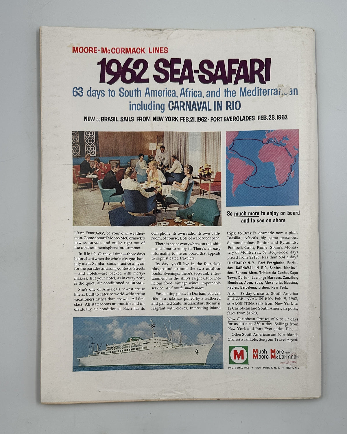 The New Yorker Magazine September 16, 1961 Restaurant Diners Menu Charles D. Saxon, back cover featuring a 1962 Sea-Safari travel advertisement with ship and destination map.
