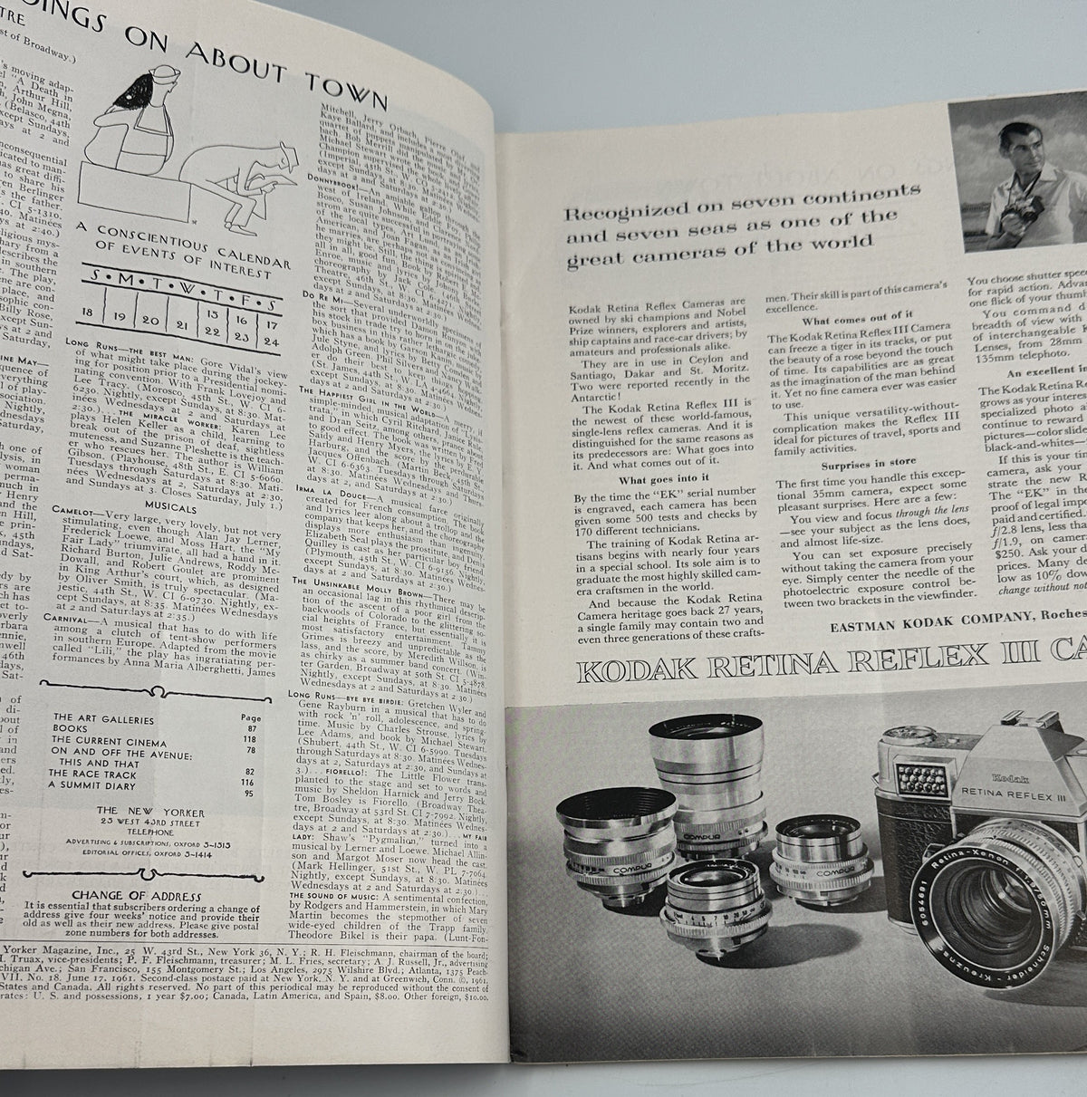 The New Yorker Magazine June 17, 1961 Garbage Collection Street Arthur Getz Cover opened to an interior page featuring editorial text, a world map illustration, and a vintage camera lens advertisement.