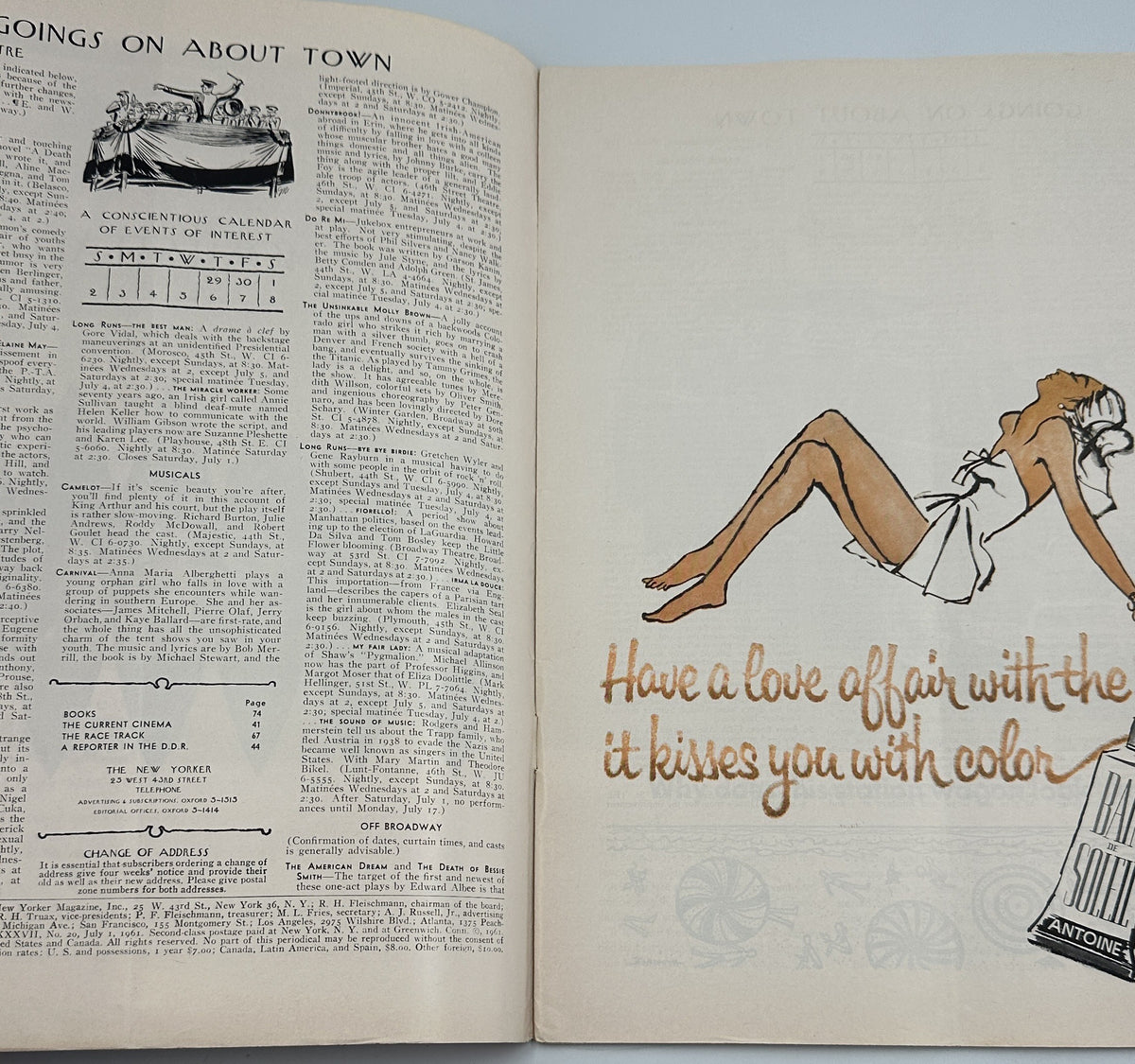 The New Yorker Magazine July 1, 1961 Highway Traffic Abe Birnbaum Cover opened to an interior page with magazine text and a vintage color advertisement featuring a reclining woman.