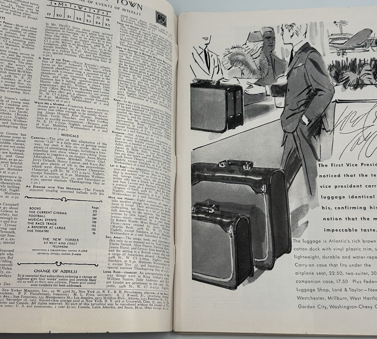 The New Yorker Magazine November 18, 1961 Turkey Football Abe Birnbaum Cover interior pages showing the table of contents and a black-and-white illustration of travelers with luggage