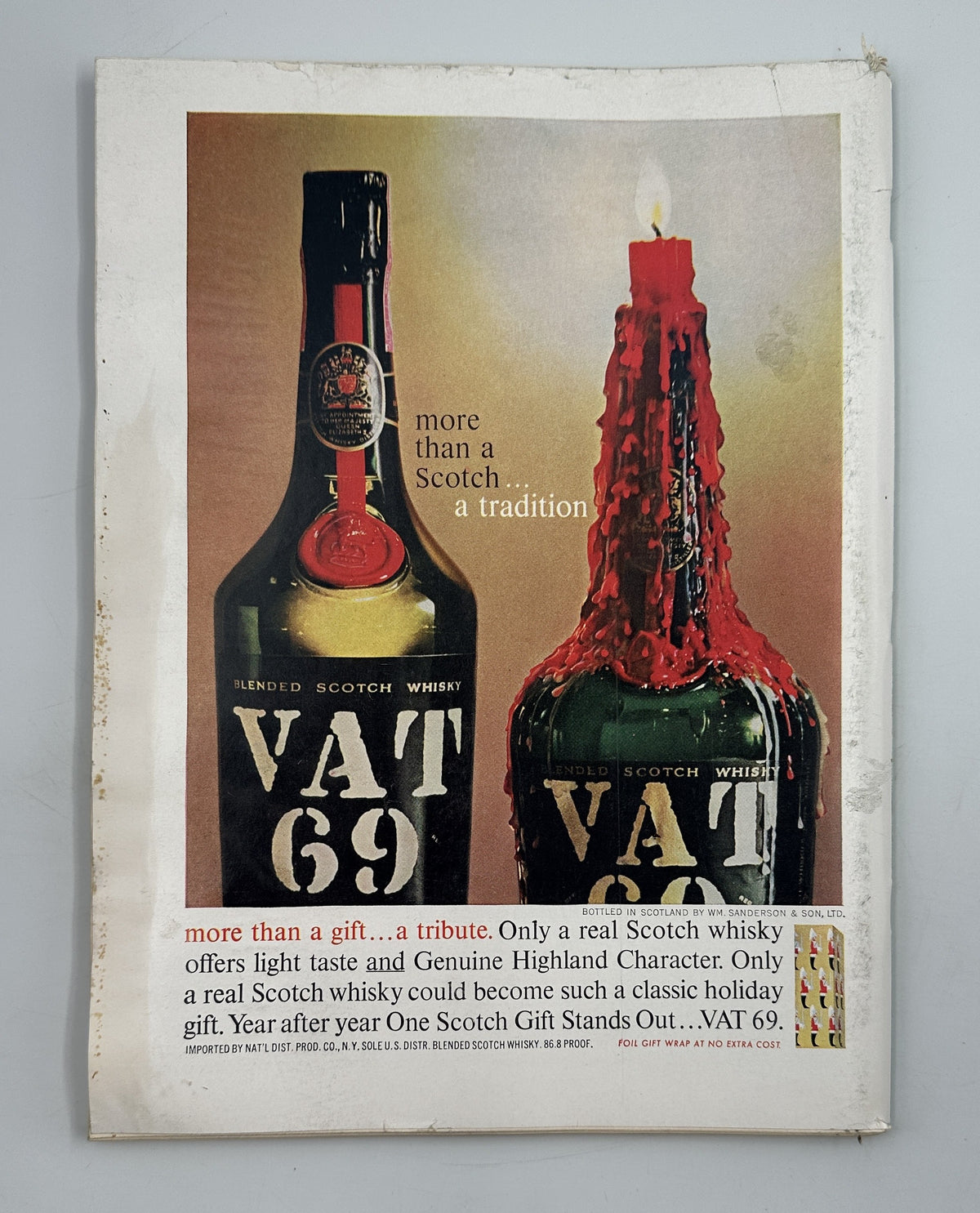 The New Yorker Magazine November 18, 1961 Turkey Football Abe Birnbaum Cover interior Scotch whisky advertisement featuring Vat 69 bottles and a lit red candle