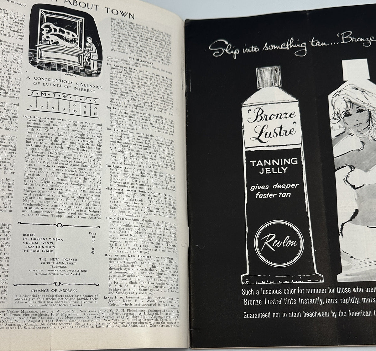 The New Yorker Magazine August 5, 1961 interior page spread featuring an About Town article and a vintage Revlon Bronze Lustre tanning jelly advertisement.