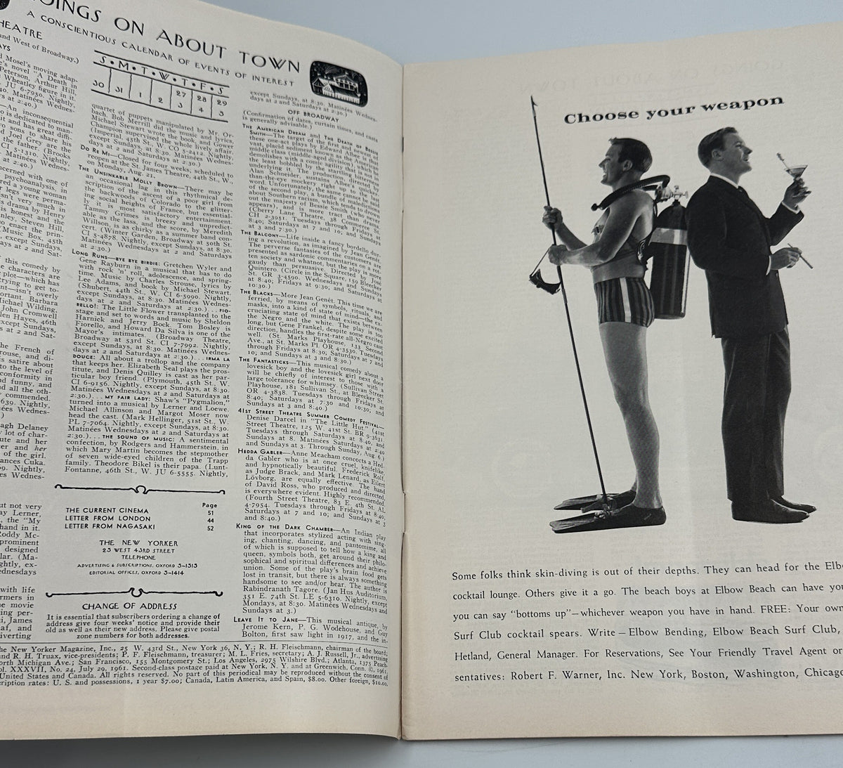 The New Yorker Magazine July 29, 1961 Summer Beach Abe Birnbaum Cover shown open to an interior page with table of contents text and a vintage Choose Your Weapon advertisement