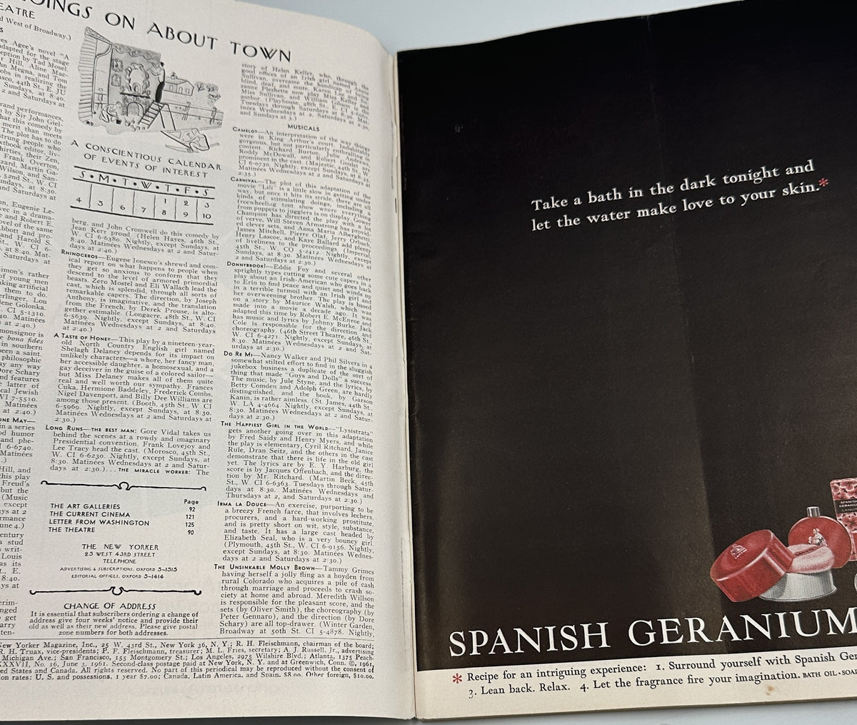 The New Yorker Magazine June 3, 1961 Garden Flower Vase Abe Birnbaum Cover, interior spread featuring a Spanish Geranium garden advertisement and magazine articles.