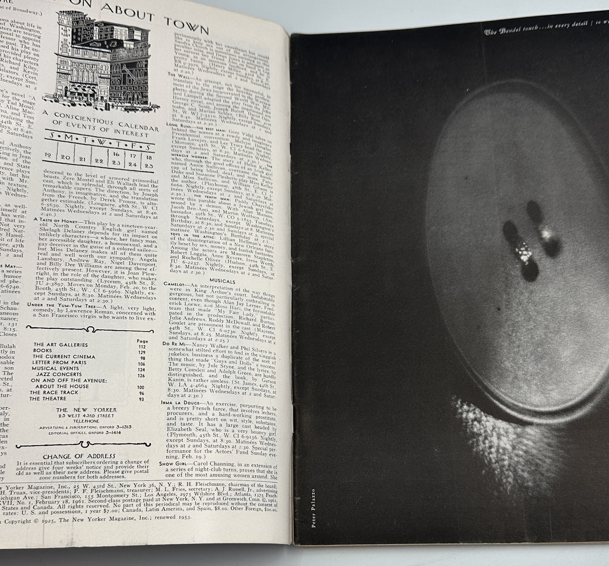 The New Yorker Magazine February 18, 1961 interior spread showing an On About Town contents page beside a black-and-white photographic advertisement.
