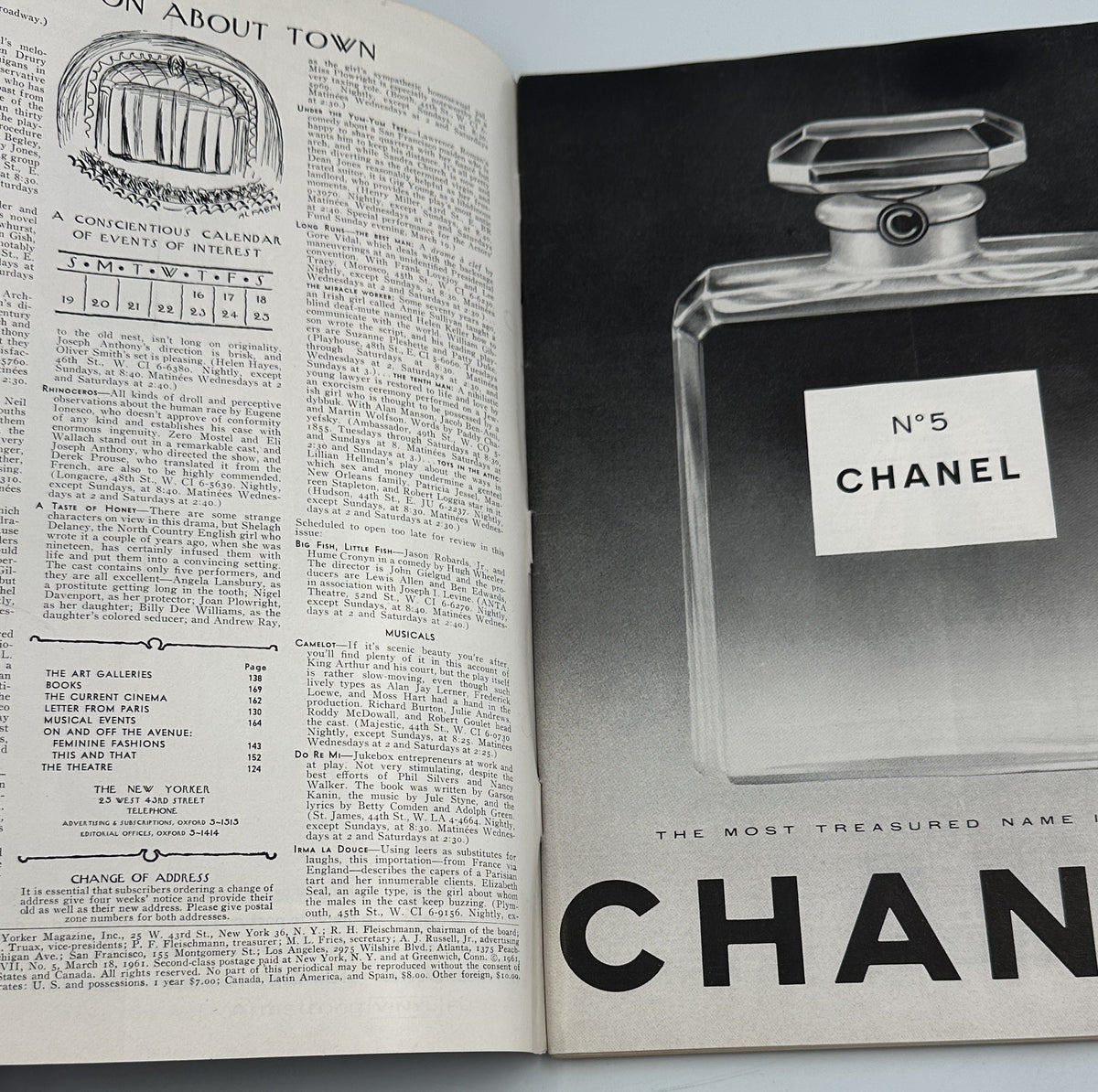 The New Yorker Magazine March 18, 1961 St. Patrick's Day Parade Arthur Getz Cover shown open to an interior contents page beside a vintage Chanel No. 5 perfume advertisement.