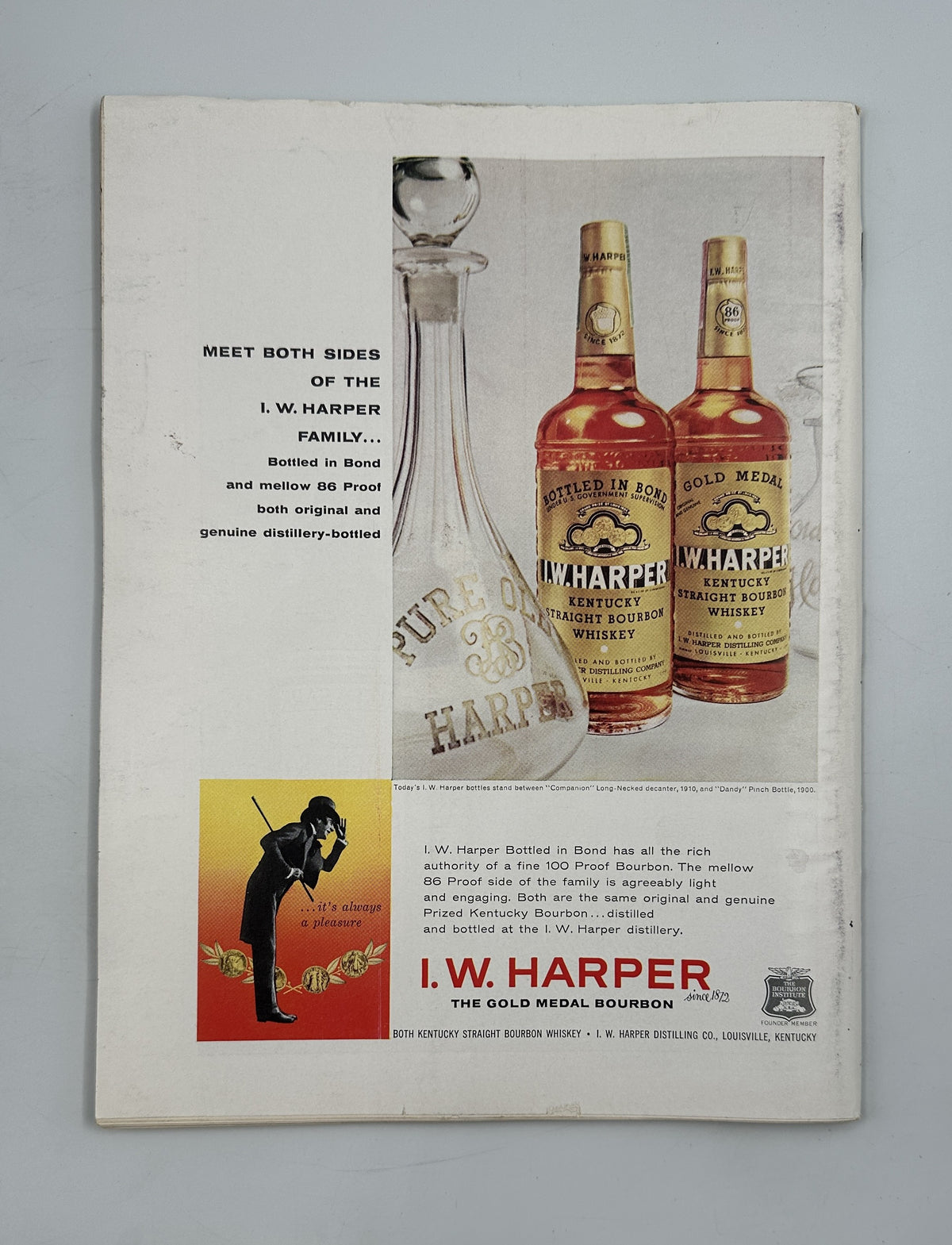 The New Yorker Magazine March 18, 1961 St. Patrick's Day Parade Arthur Getz Cover shown with a vintage I.W. Harper whiskey advertisement featuring bourbon bottles.