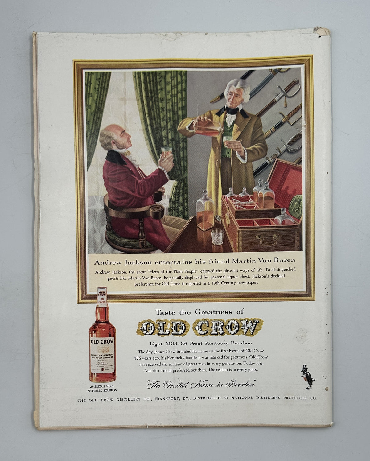 The New Yorker Magazine February 11, 1961 Computer Valentine Charles Addams Cover, featuring a vintage Old Crow whiskey advertisement with an illustrated conversation between two historic gentlemen.