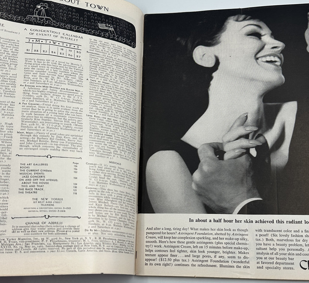 The New Yorker Magazine May 20, 1961 Zoo Animals Anatol Kovarsky Cover, open interior pages showing the table of contents and a black-and-white article photograph of a smiling woman.