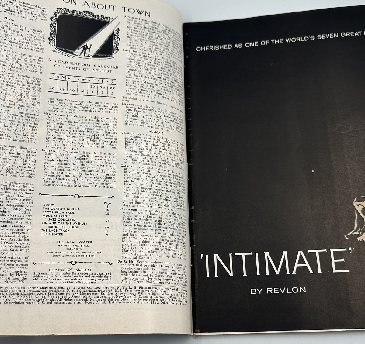 The New Yorker Magazine May 27, 1961 Regatta Boats Charles Martin Cover, open interior spread showing the On About Town section and a vintage Revlon Intimate advertisement.