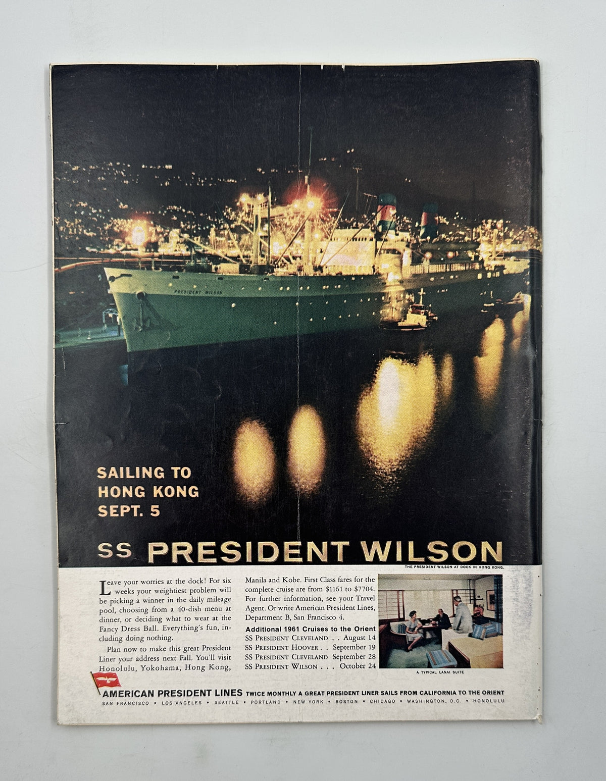 The New Yorker Magazine May 27, 1961 Regatta Boats Charles Martin Cover, interior page featuring a vintage SS President Wilson sailing to Hong Kong advertisement.