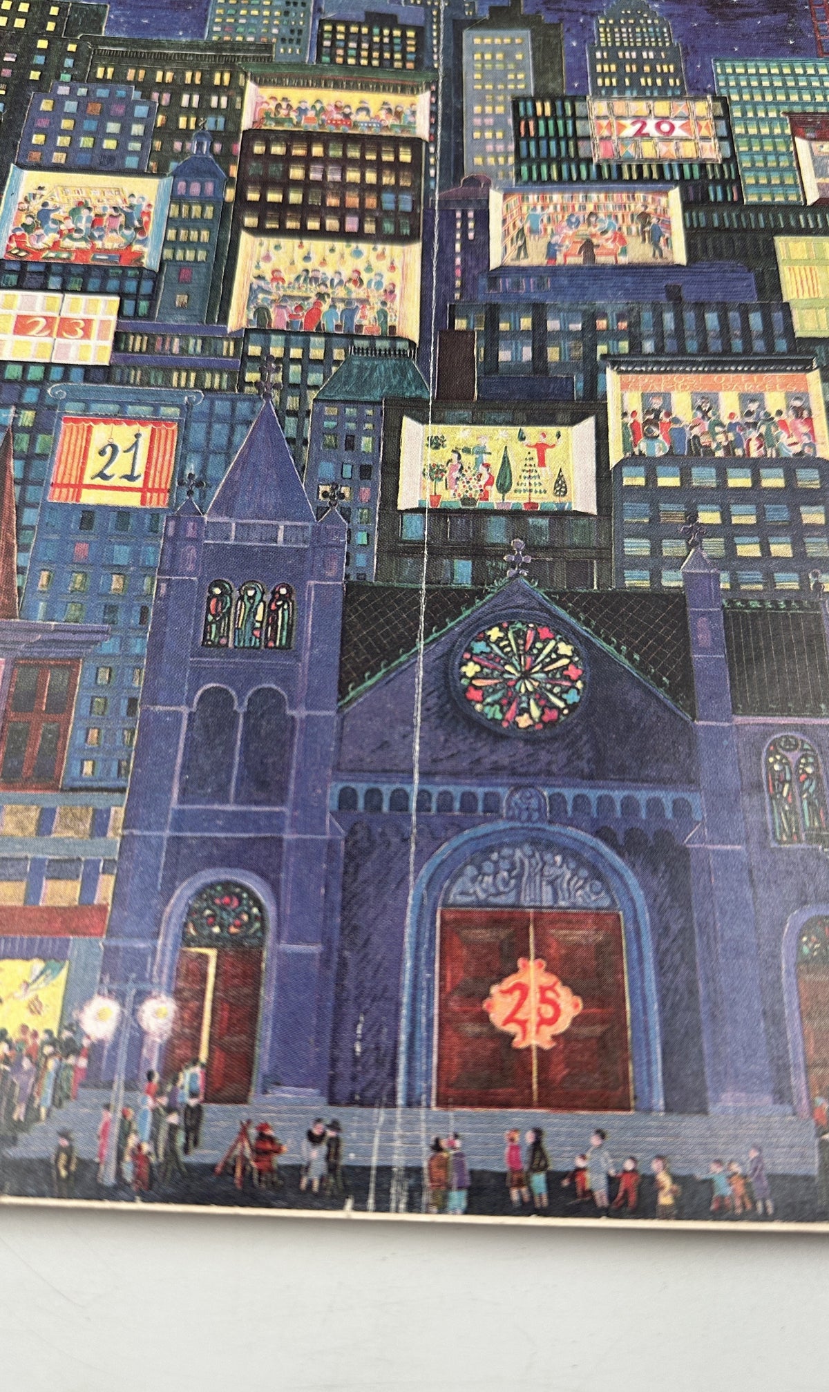 The New Yorker Magazine December 16, 1961 Christmas City Skyline Ilonka Karasz Cover, close-up view of the festive illustrated city skyline and church detail on the vintage front cover.