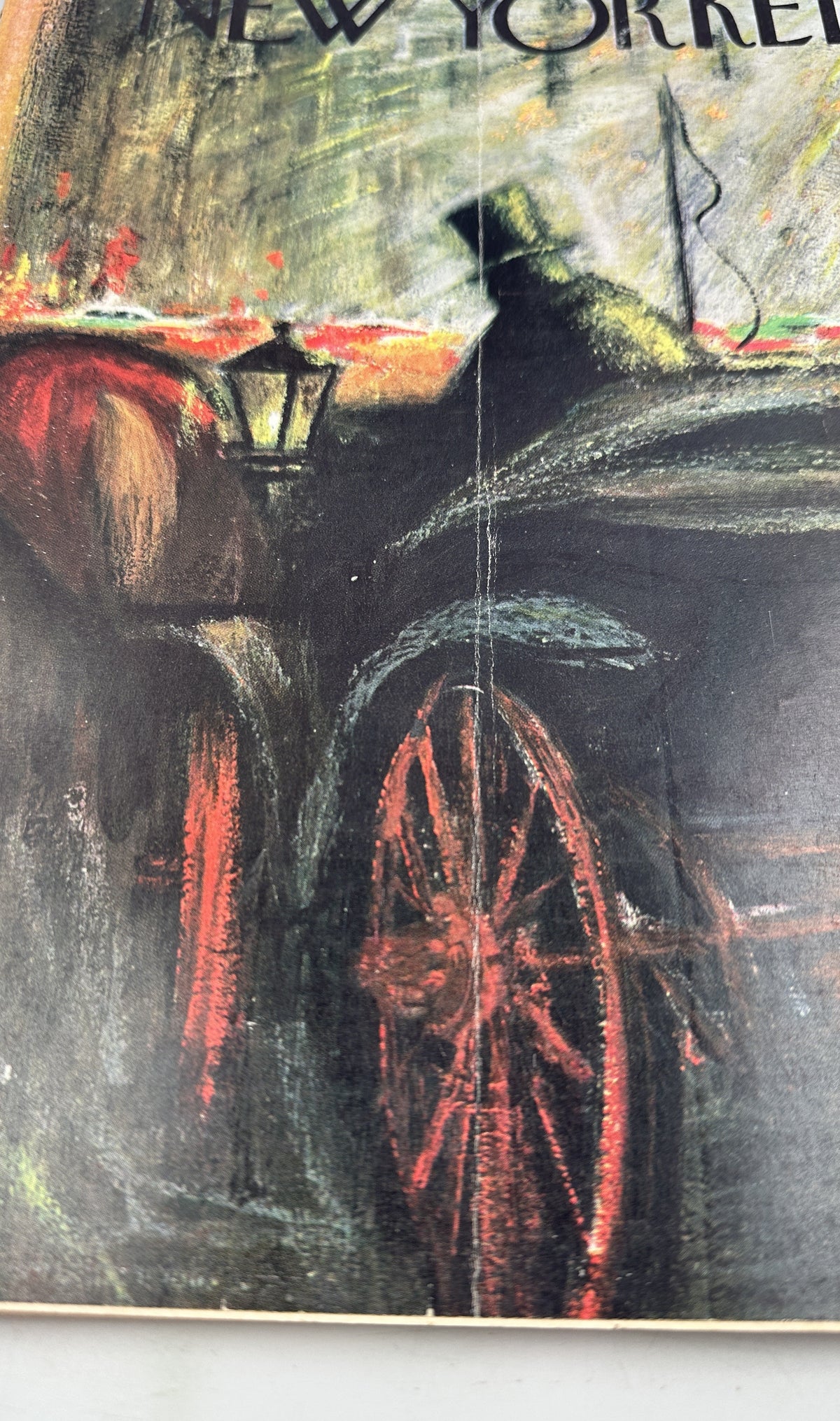 The New Yorker Magazine December 2, 1961 Horse Carriage Rainy Street Robert Kraus Cover, close-up view of the illustrated horse carriage, wheels, and rainy street scene.