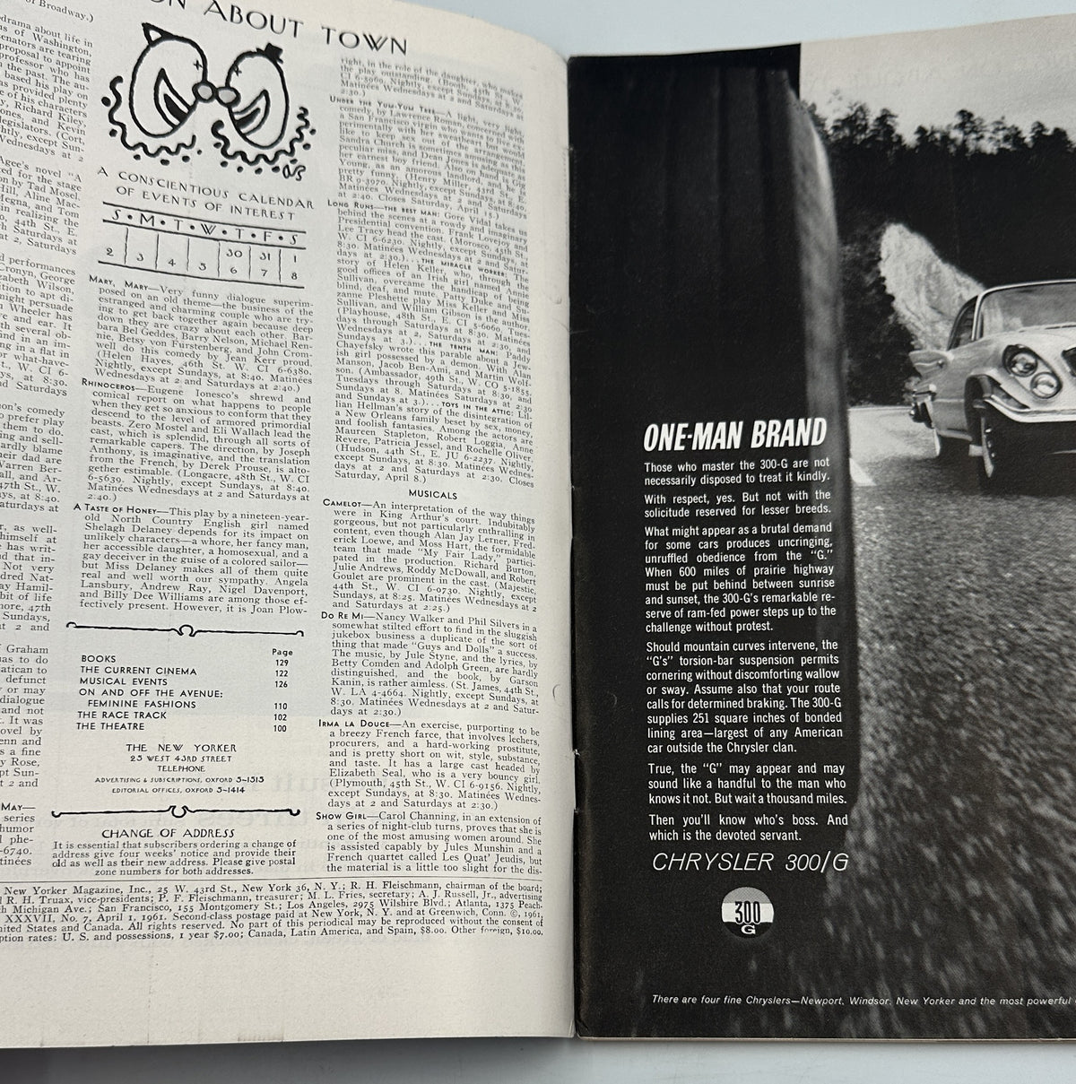 The New Yorker Magazine April 1, 1961 Family Easter Bunnies Peter Arno Cover interior page with contents listing and Chrysler automobile advertisement
