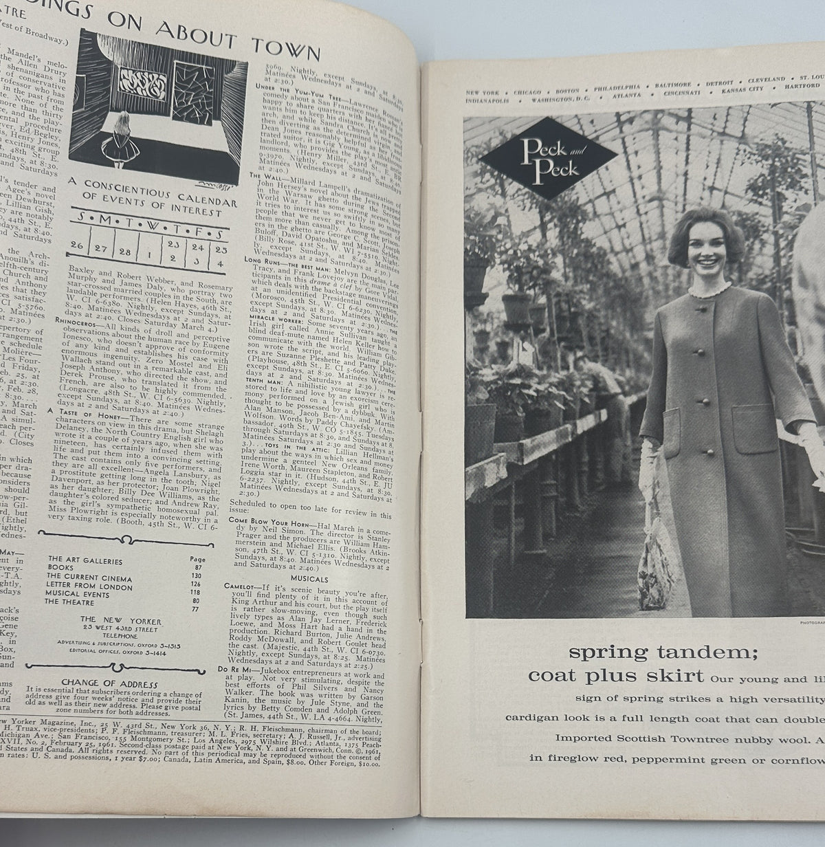 The New Yorker Magazine February 25, 1961 Library Reading Room Abe Birnbaum Cover opened to interior pages featuring the Going On About Town listings and a Peck & Peck spring coat fashion advertisement.