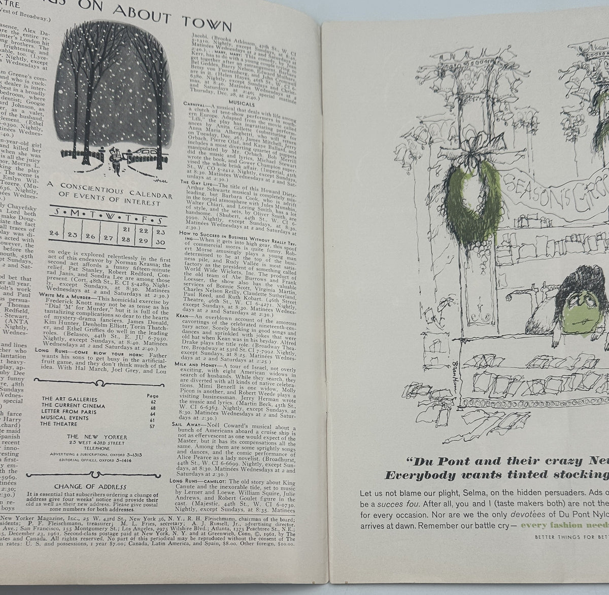 Interior pages of The New Yorker Magazine December 23, 1961 Christmas Ornament Holiday Abe Birnbaum Cover, featuring illustrated holiday scenes, About Town listings, and magazine articles.