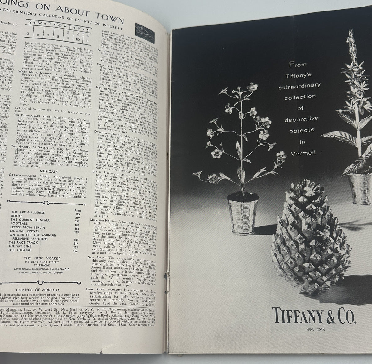 The New Yorker Magazine November 4, 1961 Commuters Reading Train Arthur Getz Cover opened to an interior contents page beside a vintage Tiffany & Co. decorative objects advertisement.