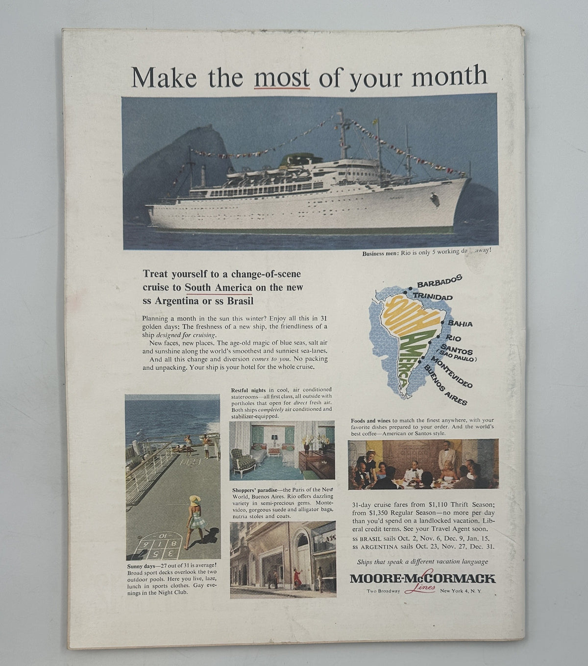 The New Yorker Magazine September 19, 1959 Street Festival Parade Night Ilonka Karasz Cover back cover, featuring a vintage Moore-McCormack cruise advertisement with a ship and South America map.