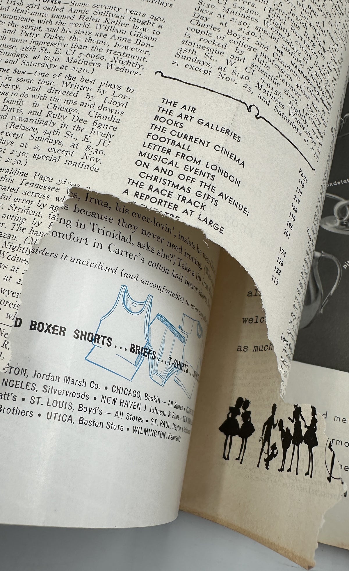 The New Yorker Magazine November 21, 1959 Ice Hockey Game Anatol Kovarsky Cover featuring an interior contents page, vintage illustrations, and visible page wear.