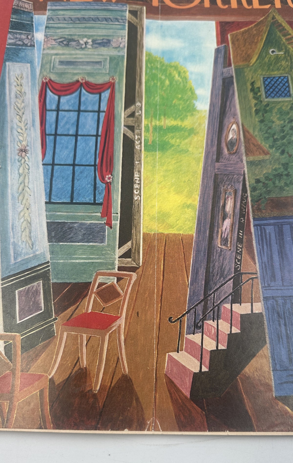 Close-up detail of The New Yorker Magazine August 18, 1962 Stage Set Theater Ilonka Karasz Cover, showing the illustrated window, hallway, staircase, and colorful theater set design.