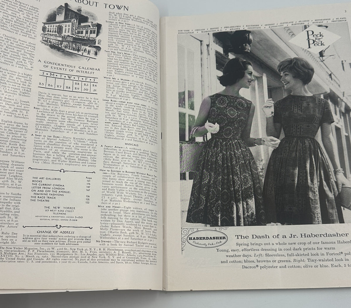 The New Yorker Magazine March 24, 1962 Bowling Alley Garrett Price Cover opened to an interior spread with article text and a vintage fashion advertisement featuring two women in dresses.