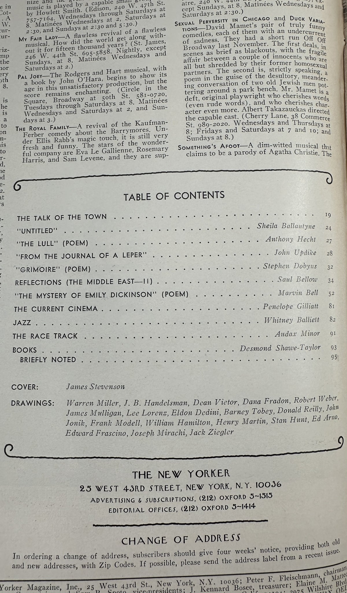 The New Yorker Magazine July 19, 1976 Central Park Baseball Team James Stevenson Cover VG, interior table of contents page listing articles, poems, reviews, and illustrations.