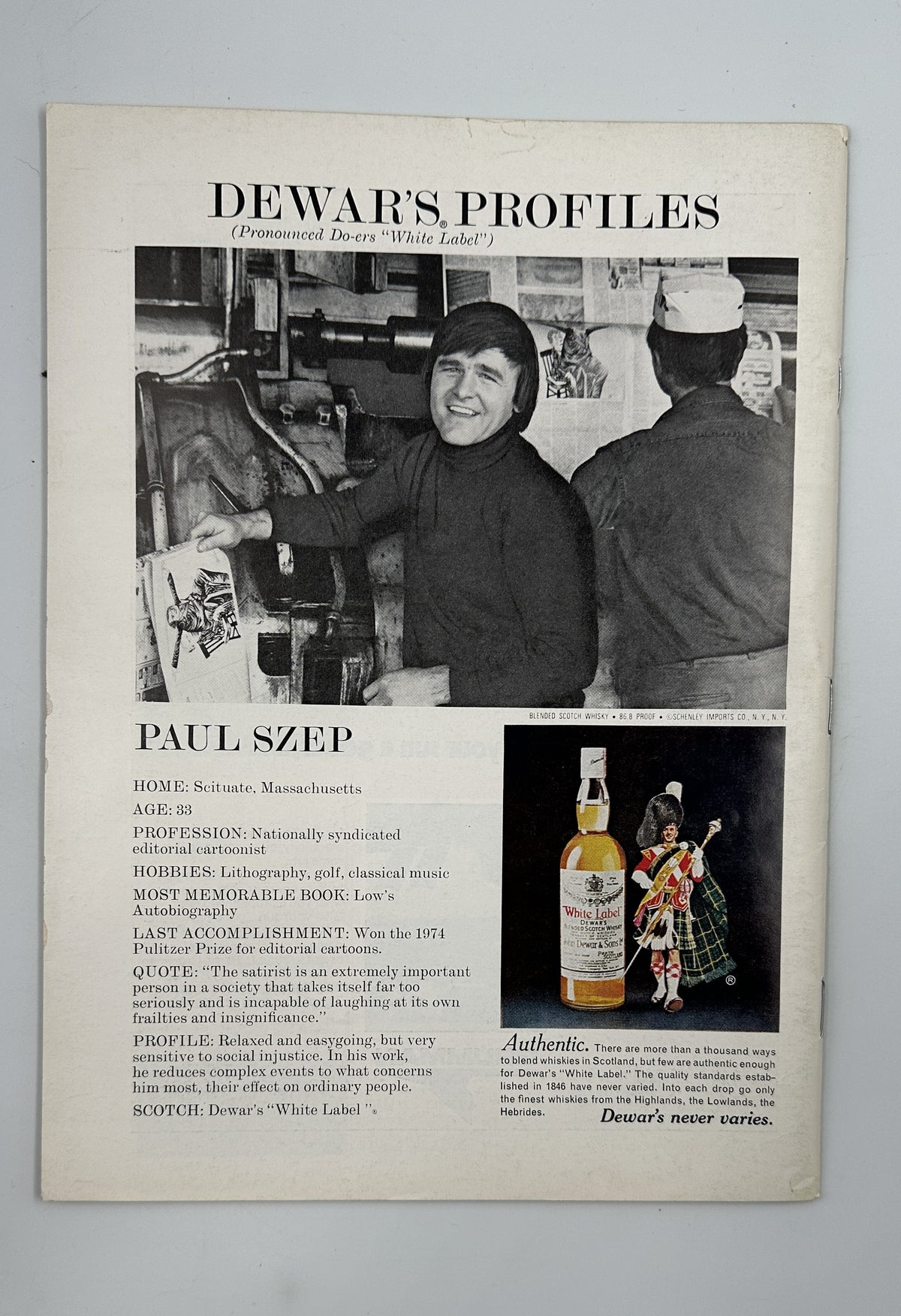 The New Yorker Magazine July 19, 1976 Central Park Baseball Team James Stevenson Cover VG, interior Dewar's Profiles page featuring Paul Kerr, a portrait photograph, and a Dewar's whisky bottle.
