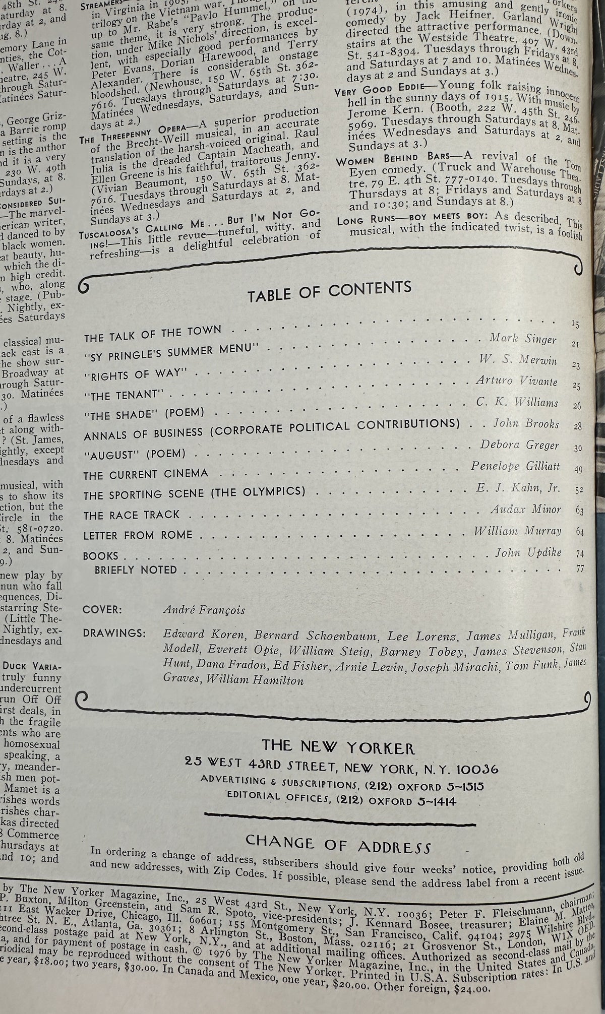 The New Yorker Magazine August 9, 1976 Surreal Wood André François Cover VG, interior table of contents page listing articles, poems, reviews, and contributors.