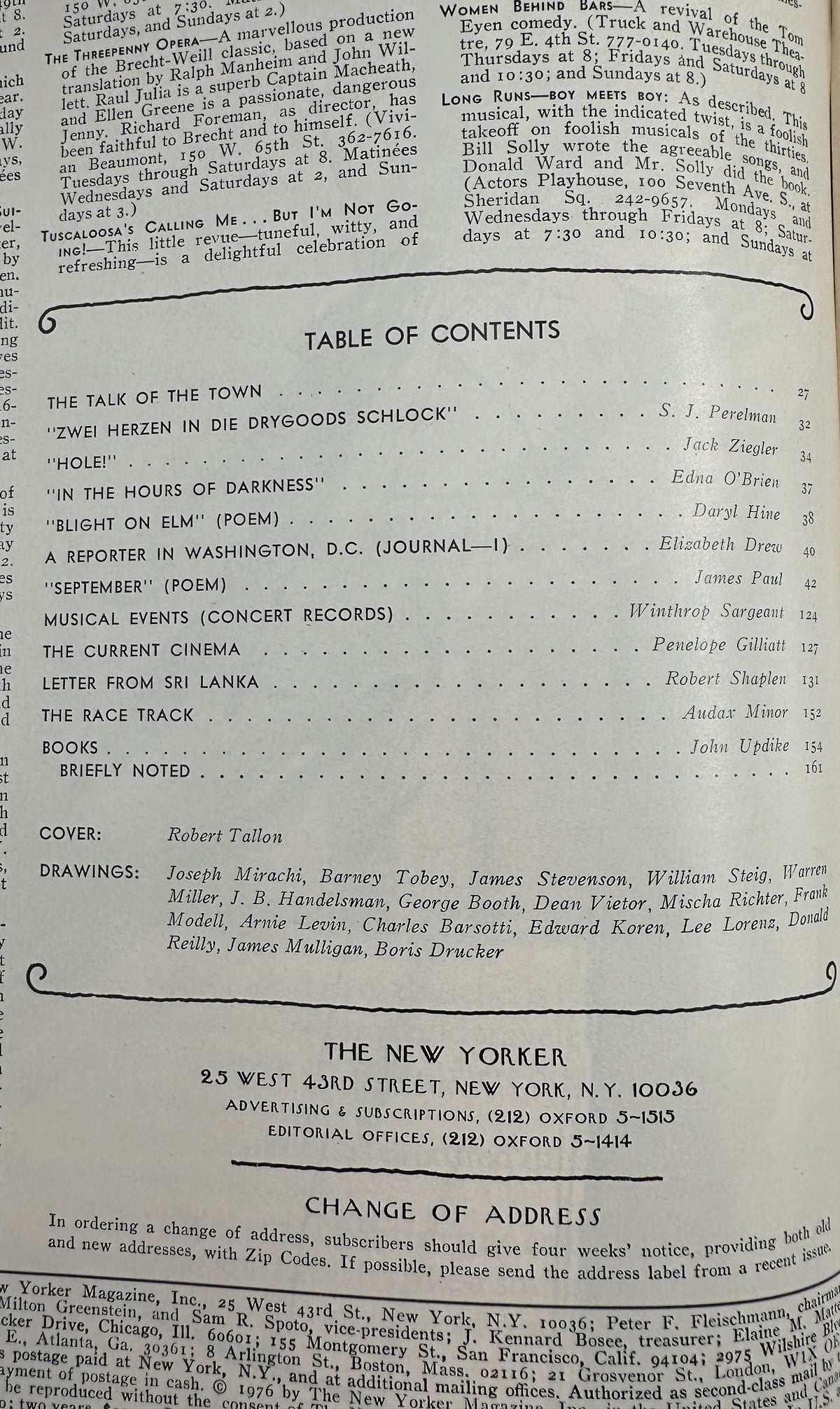 The New Yorker Magazine September 13, 1976 Beach Boardwalk Robert Tallon Cover VG, interior table of contents page with articles, poems, reviews, cover credit, and publication information
