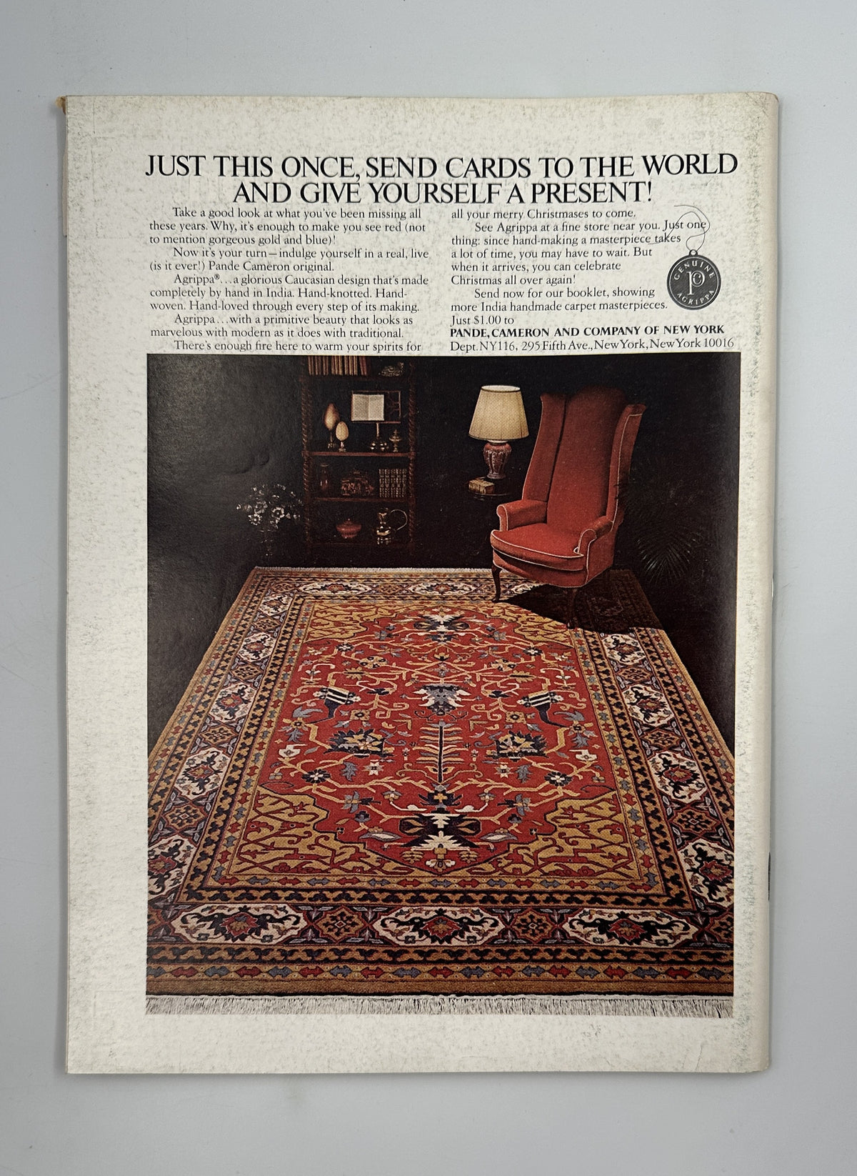 The New Yorker Magazine November 29, 1976 Thanksgiving Dinner Saul Steinberg Cover VG, showing a vintage back-cover advertisement for a richly patterned oriental rug.