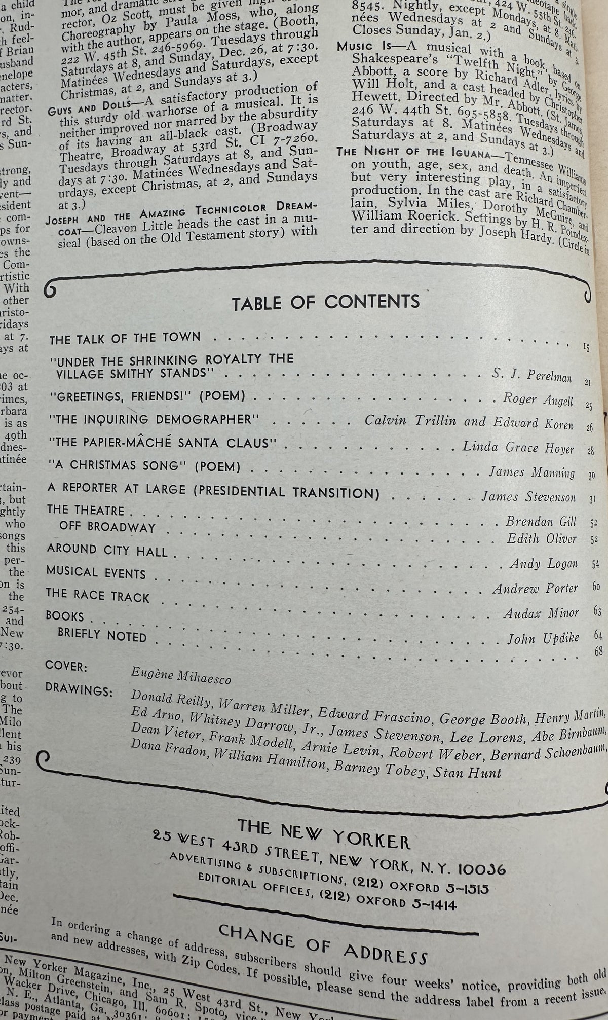 The New Yorker Magazine December 27, 1976 Skyline Christmas Ornaments Eugène Mihaesco VG, interior table of contents page listing articles, poems, drawings, and contributors