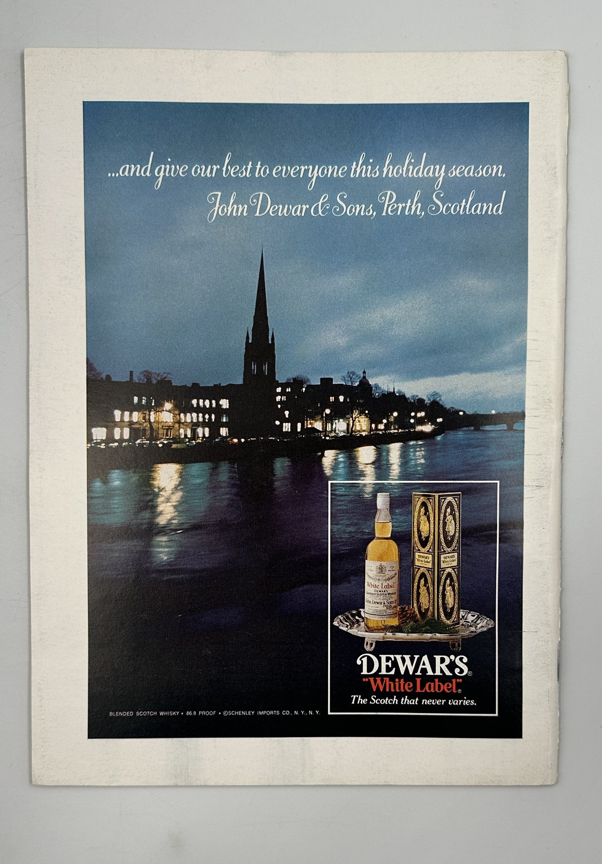 The New Yorker Magazine December 27, 1976 Skyline Christmas Ornaments Eugène Mihaesco VG featuring a vintage Dewar's White Label Scotch whisky advertisement with a nighttime waterfront church skyline and holiday greeting