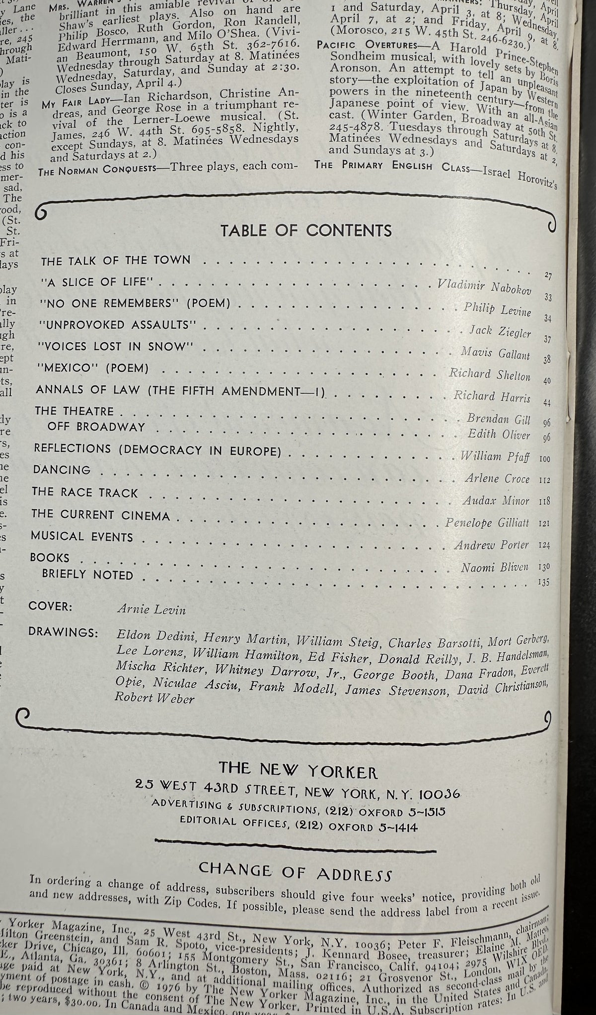 The New Yorker Magazine April 5, 1976 Infinity Businessmen Arnie Levin Cover VG, interior table of contents page listing articles, poems, theater, cinema, books, and drawings.