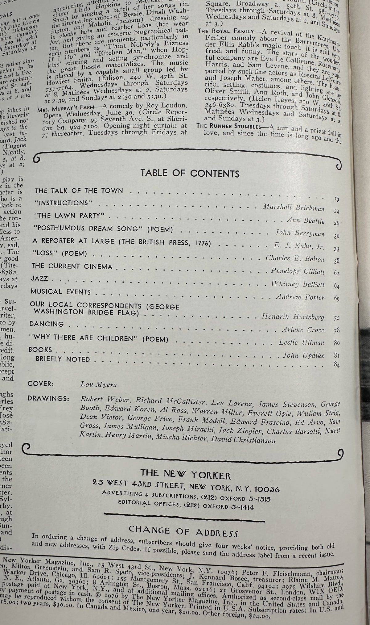 The New Yorker Magazine July 5, 1976 Liberty Bell Bicentennial Lou Myers Cover VG, interior table of contents page listing articles, poems, columns, and contributors