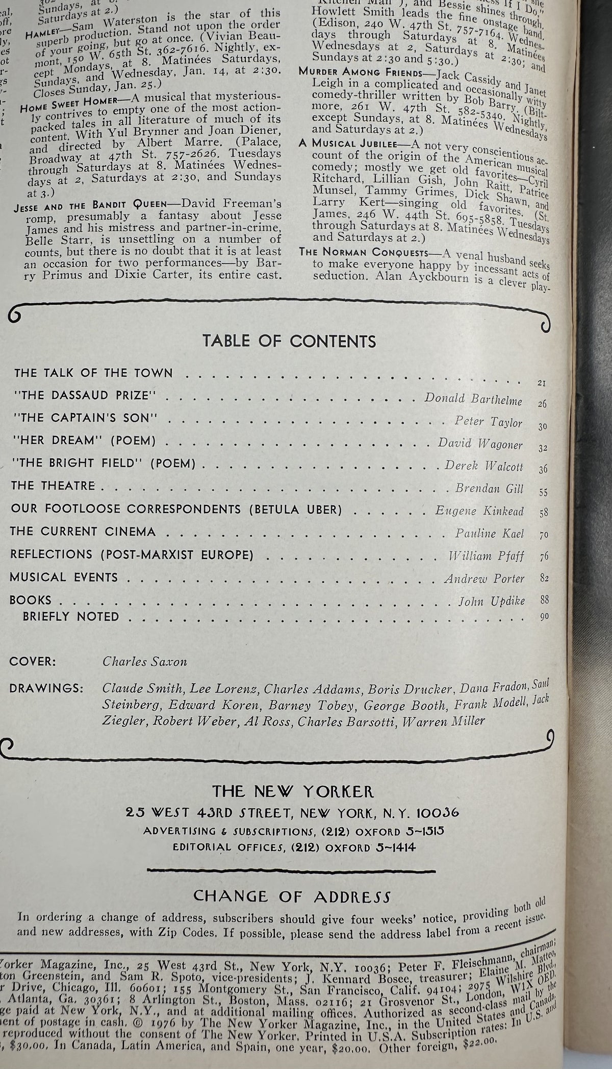 The New Yorker Magazine January 12, 1976 Snowy Window Charles Saxon Cover VG, interior table of contents page listing articles, poems, reviews, and contributors.