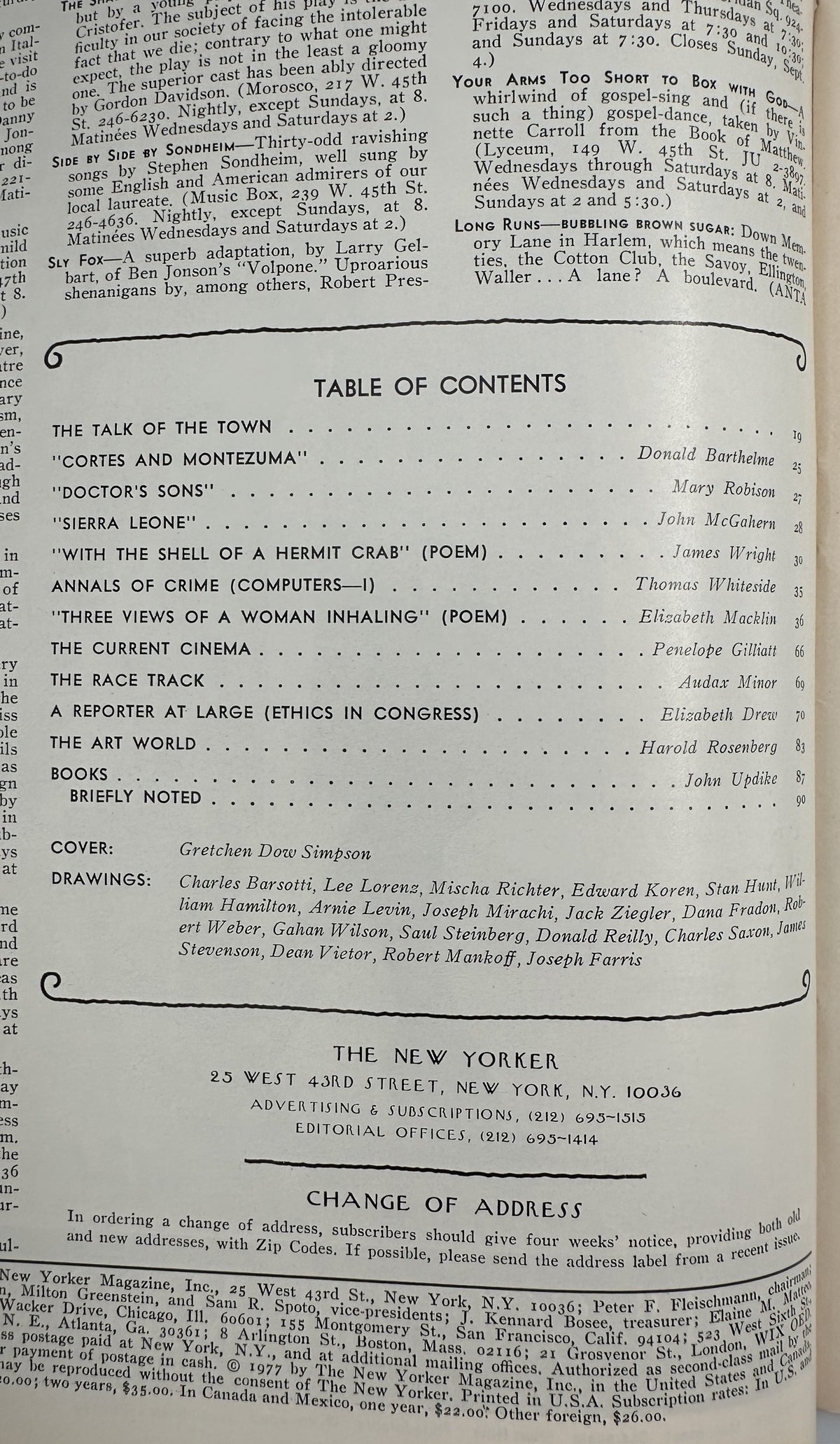 The New Yorker Magazine August 22, 1977 White Roses Floral Gretchen Dow Simpson VG table of contents page featuring articles, poems, book reviews, and cover credit